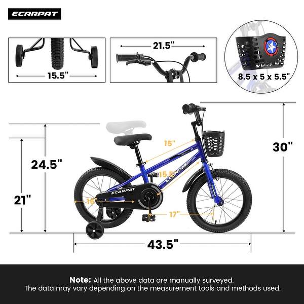 dimension image slide 0 of 7, Adjustable 14" & 16" Kids Bike with Training Wheels, Safe Brakes & Easy Assembly