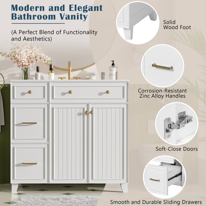 Transitional Style 36-inch Bathroom Vanity with Ceramic Sink, 2 Soft-Close Doors Freestanding Cabinet with 2 Drawers