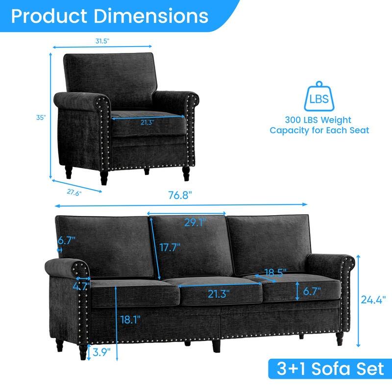 Mixoy Chenille Fabric 3-Seater Sofa Couch with Single Sofa Chair with Rivet Design,Solid Wood Gourd Legs for Living Room - 3+1
