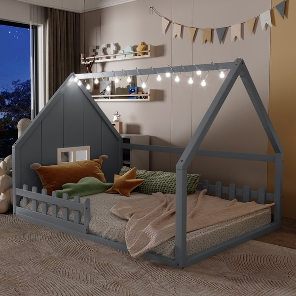 slide 2 of 33, Full-Size Wood House Bed with Window and Fence, Full Bed Frame Gray
