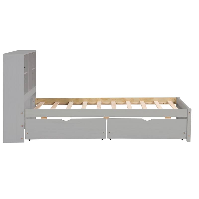 Modern Twin Size Bed Frame with USB Port, Bookcase Headboard, and 2 Drawers in Grey