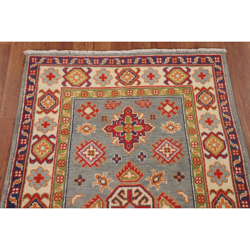 Geometric Kazak Accent Rug Hand-Knotted Grey Wool Carpet - 2'8" x 4'1"