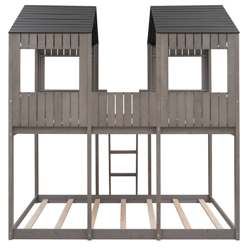 Full Over Full WoodBunk Bed with Roof, Window, Guardrail, Ladder