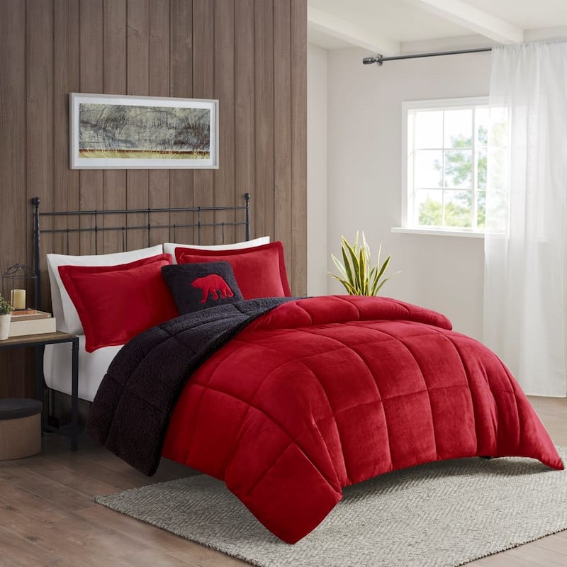 GDF Studio - Alton Plush to Sherpa Down Alternative Comforter Set - Red & Black. - Red+Black (King).