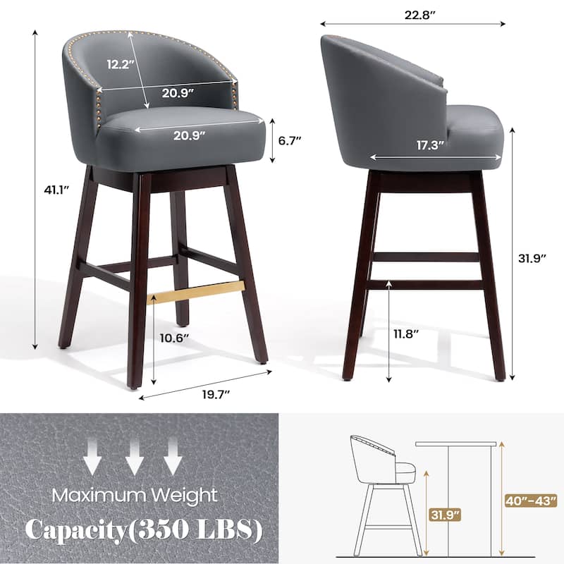 26.4"/31.9"H Height Upholstered Solid Wood Swivel Bar Stools