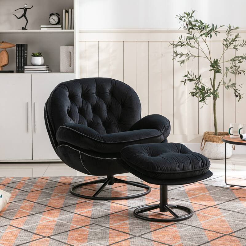 Velvet Swivel Accent Chair with Ottoman & Metal Legs (360° Rotation)