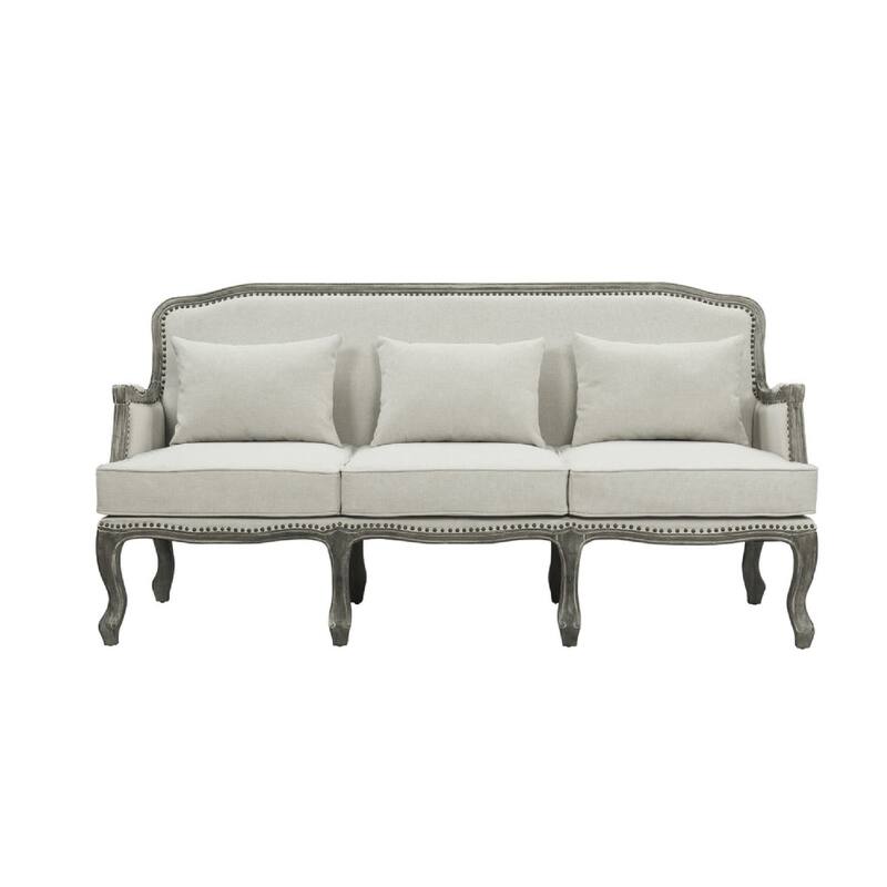 Warn 76 Inch Classic Sofa, Box Cushion, Nailhead Trim, Fabric, Cream, Brown
