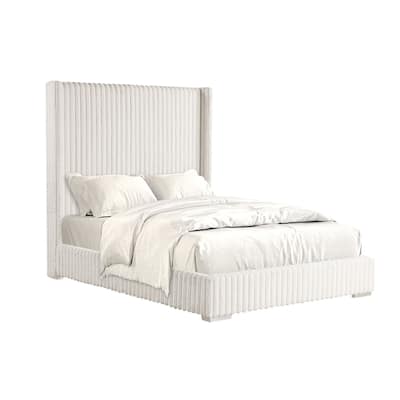Chenille Fabric Upholstered Full Bed with Wingback Headboard in White