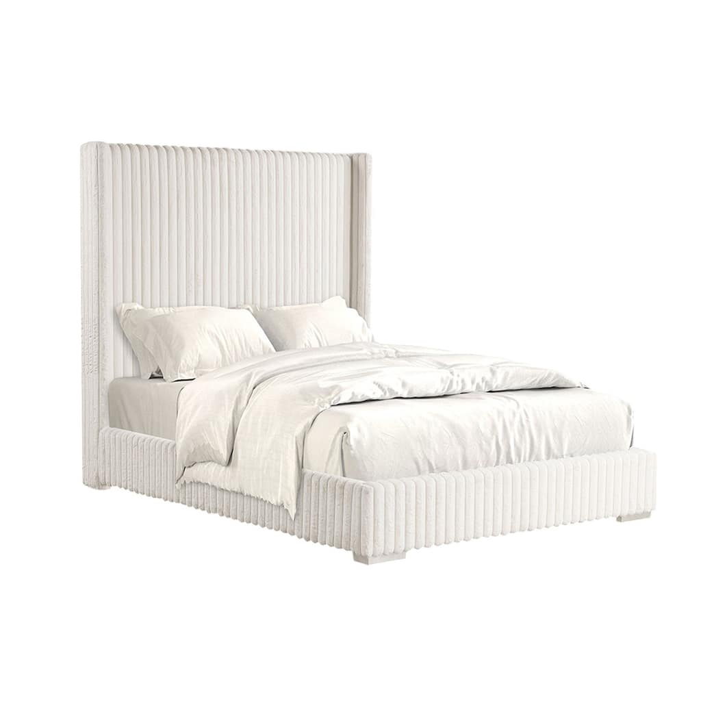 Chenille Fabric Upholstered Full Bed with Wingback Headboard in White
