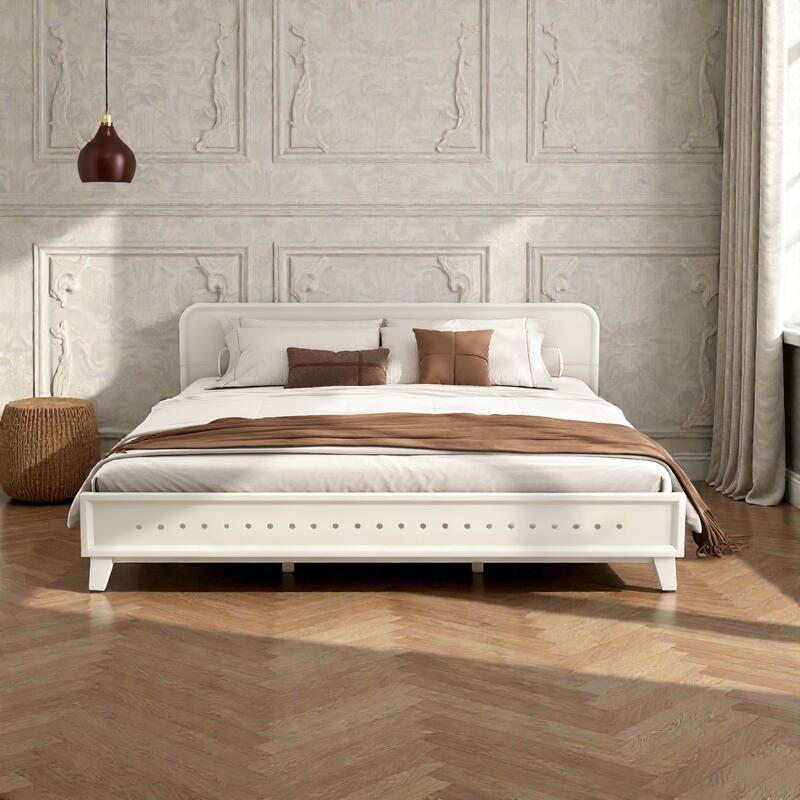 Modern Solid Wood Platform Bed, Pine Wood Queen/King Bed Frame with Slats, Stable No Box Spring - White - King