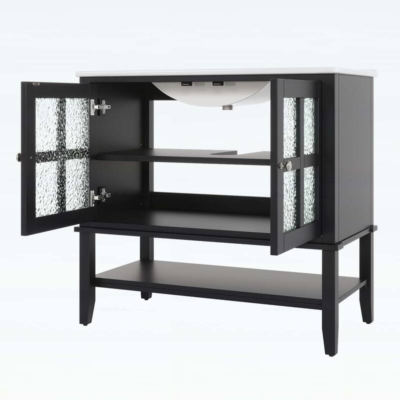 36 Inch Bathroom Vanity with Ceramic Sink,Adjustable and Open Shelves,Wood Legs