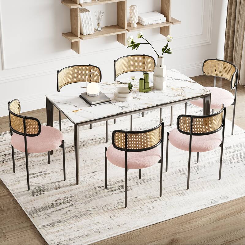 Modern Upholstered Dining Chairs Set of 4,Rattan Back Dining Room Chairs,Accent Kitchen Chairs with Metal Legs - Pink