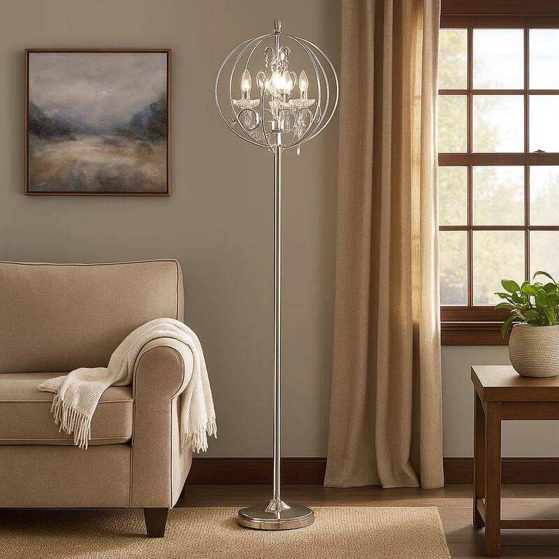 Shine 61 Inch Floor Lamp, Chandelier Style, Crystal and Metal, Chrome