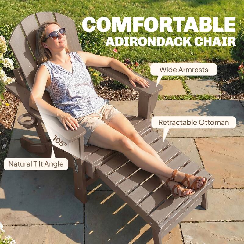 Outsunny Folding Adirondack Chair Set of 2, Outdoor HDPE Fire Pit Chair with Retractable Ottoman