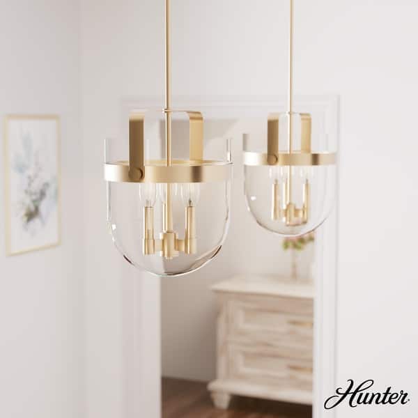 slide 2 of 12, Hunter Karloff Clear Glass Bell-Shaped Pendant - Kitchen Island, Dining Room, Entry - Modern Farmhouse, Rustic, Industrial 12" 3 Light - Alturas Gold