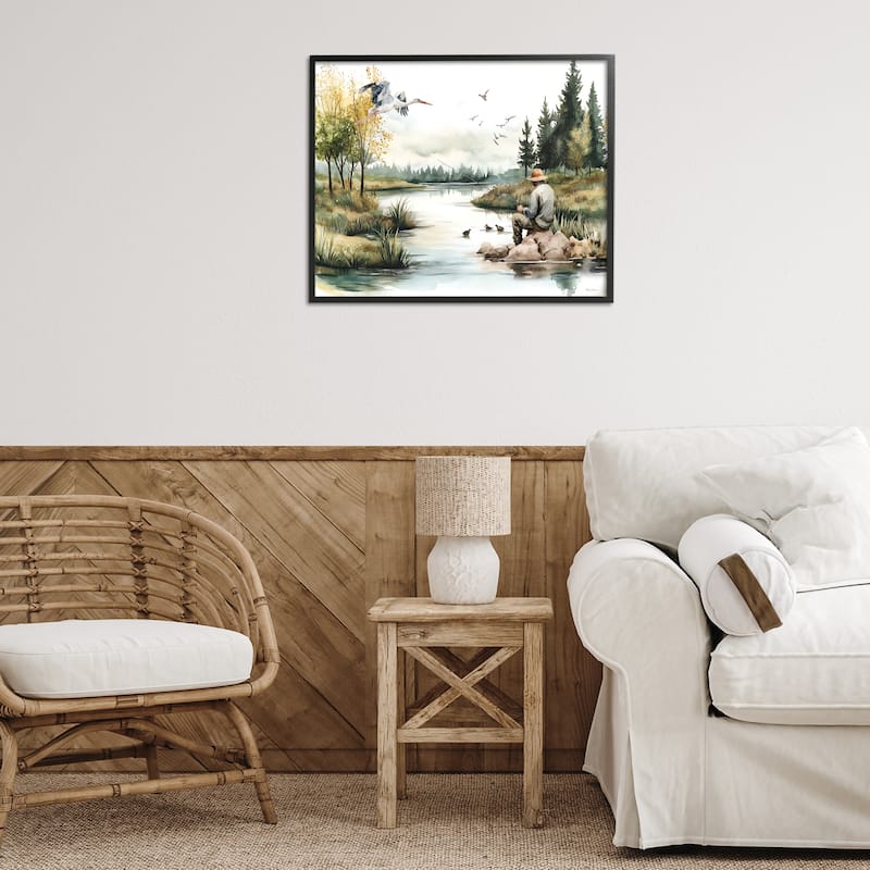 Stupell Fishing by River Landscape Framed Giclee Art Design By Nicole DeCamp