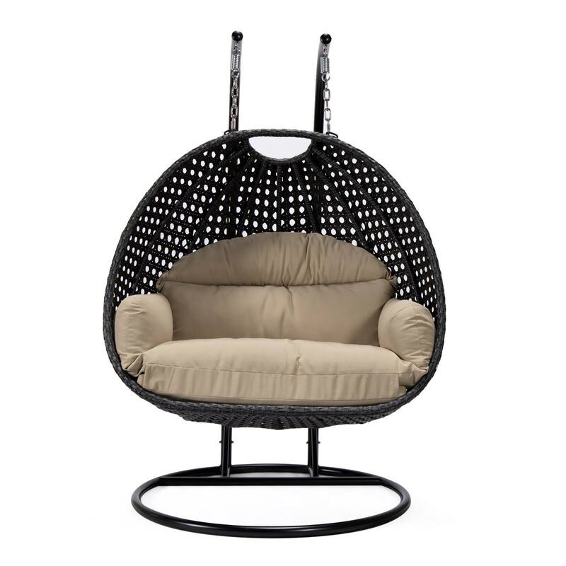 Patio 2-Person Hanging Egg Swing Chair Charcoal Wicker and Iron Frame Breathable Removable Cushion Covers by LeisureMod