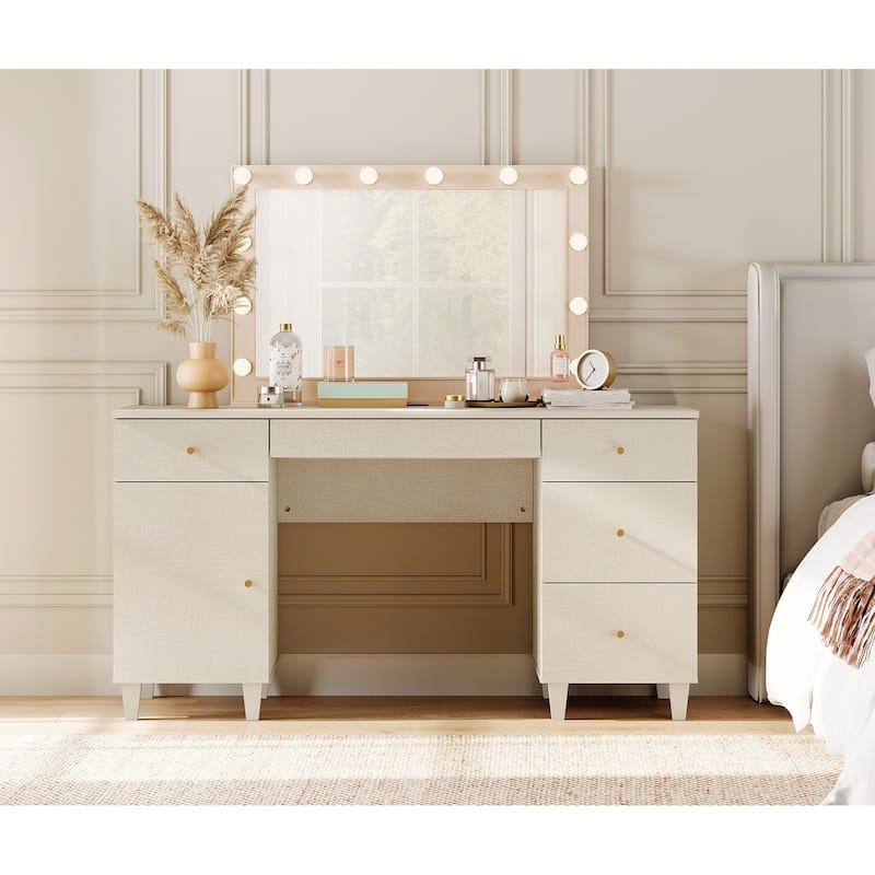 58" Wooden Vanity Desk with Storage Cabinet and Charging Station for Girls, Vanity Dressing Table for Bedroom - Beige Linen Printed