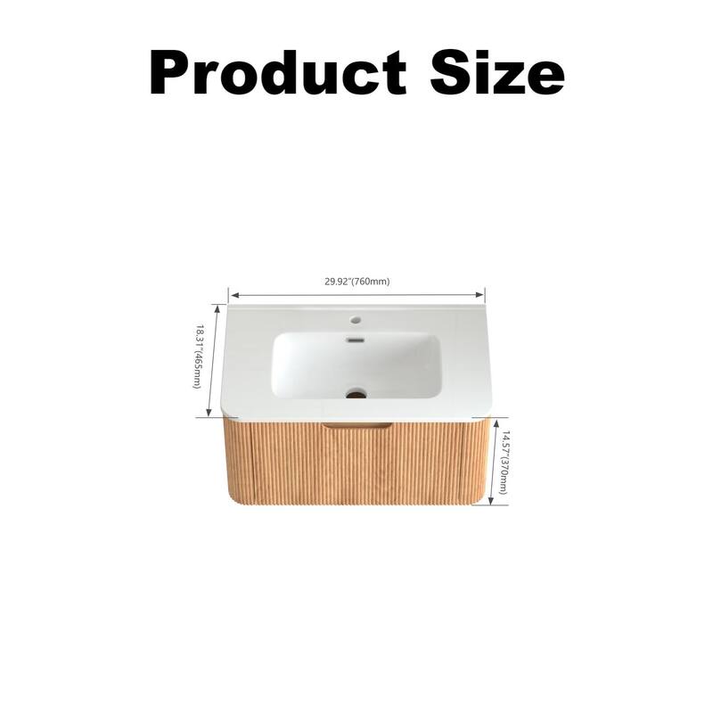 30" Wall-Mounted Floating Bathroom Vanity Pre-Assembled Curved Edge Storage Bathroom Cabinet with White Ceramic Basin