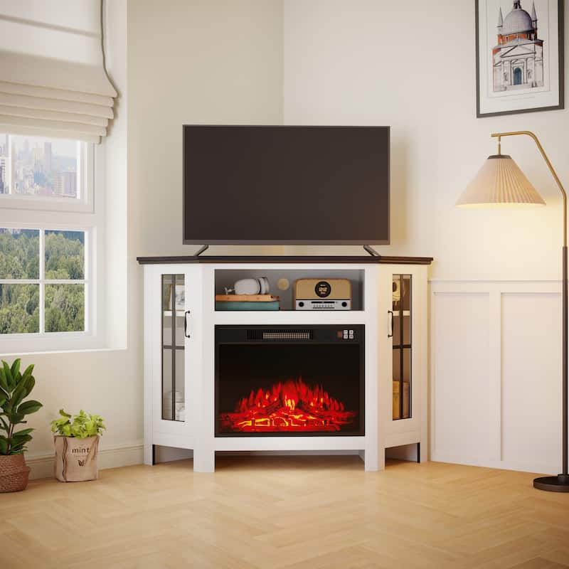 Walnut Corner Fireplace TV Stand Cabinet with 23" Electric Fireplace, Accommodates TVs up to 55", Remote Control Included - White
