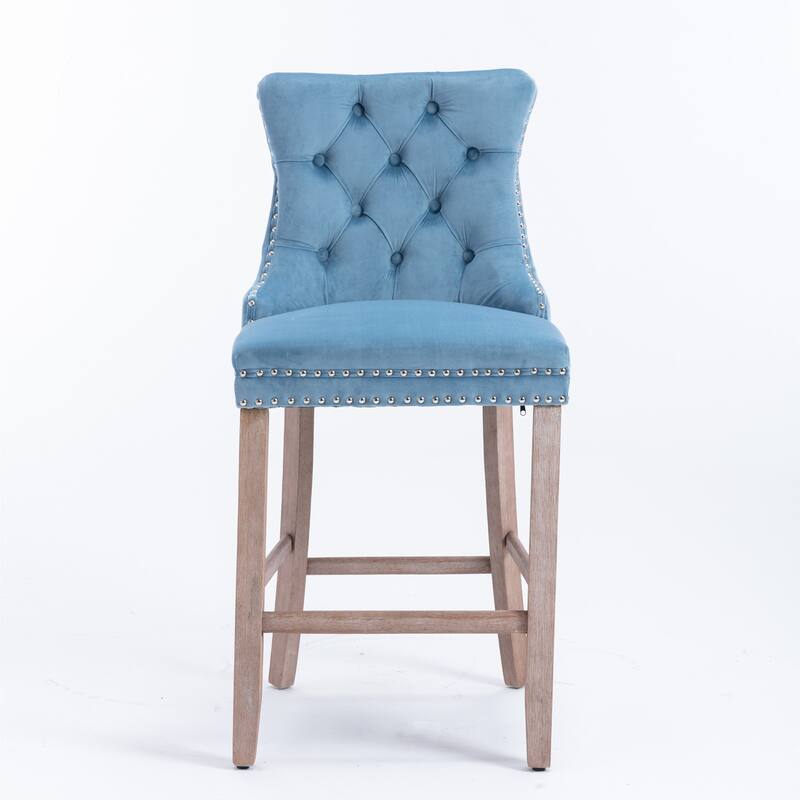 2 Velvet Upholstered Barstools with Button Tufted and Wooden Legs, and Chrome Nailhead Trim - N/A