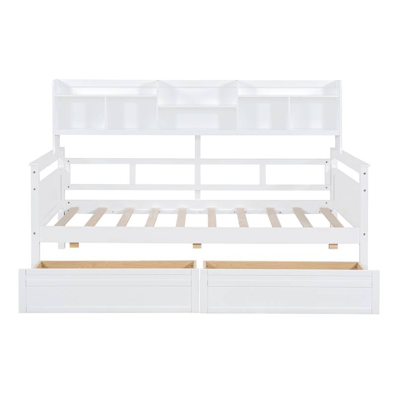 White Twin Daybed with Wood Slats, Shelves & 2 Drawers - Space-Saving Multi-Functional Furniture