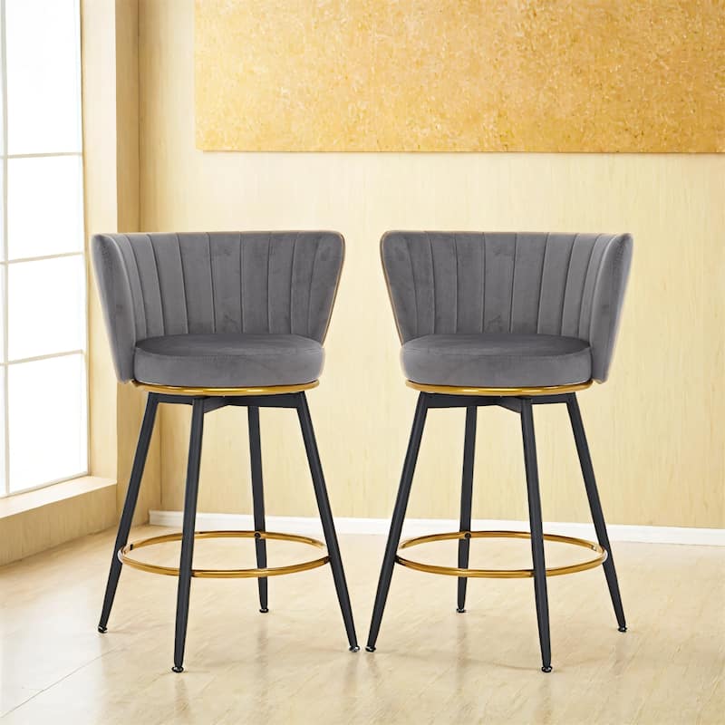 Counter Height Bar Stools Set of 2, 360° Swivel Upholstered Barstools with Backs and Metal Legs.