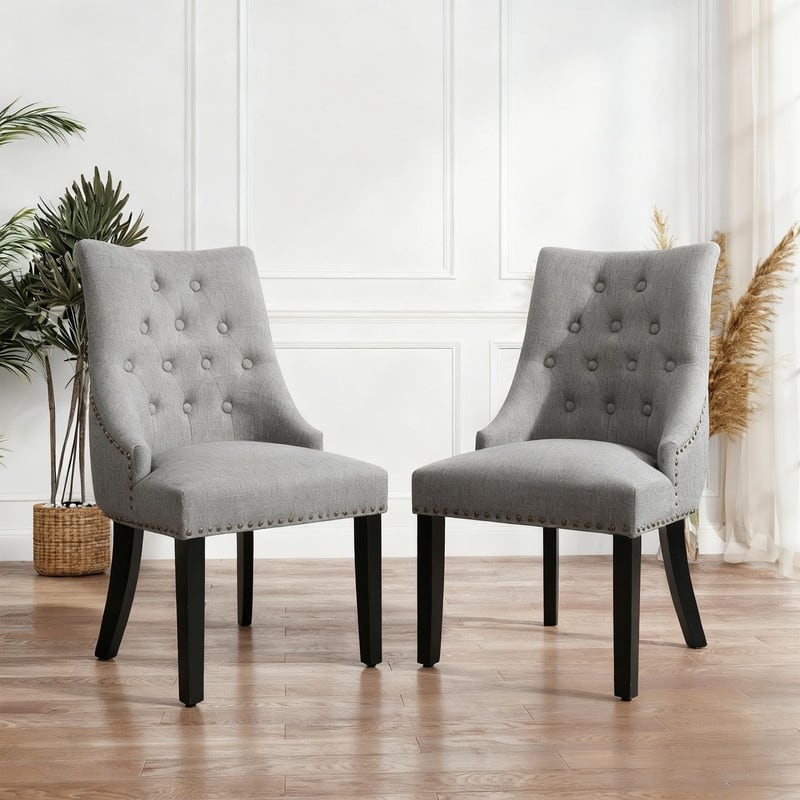 Fabric Upholstered Dining Chairs Button Tufted Nailhead Trim Accent Chairs Set of 2 - Grey-2-Piece