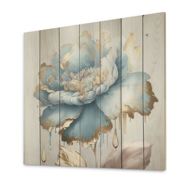 Designart 'Chic Blue Blooming Flower III' Floral Wood Wall Art - Natural Pine Wood