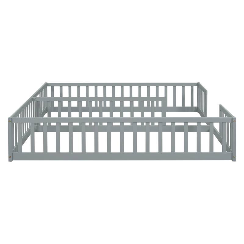 Grey Double Twin Size Pine Wood Floor Bed with Fence, Guardrails, without door