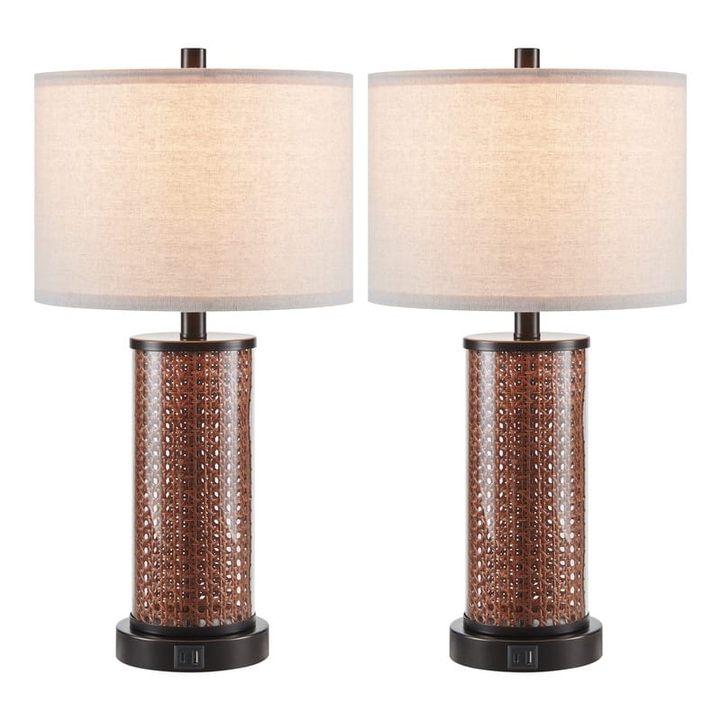 KAWOTI Modern Table Lamp with USB Charging Ports&AC Outlet, Glass&Rattan Design - W12" x H23.5" (Set of 2) - W12" x H23.5" (Set of 2)