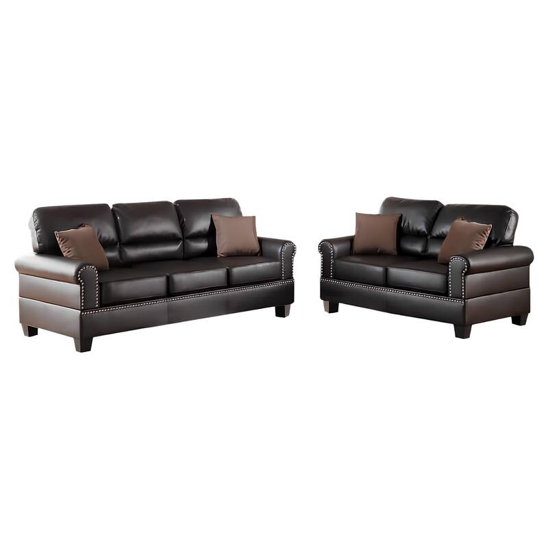 2 Pc Sofa and Loveseat Set, Espresso Brown Faux Leather, Nailhead Trim
