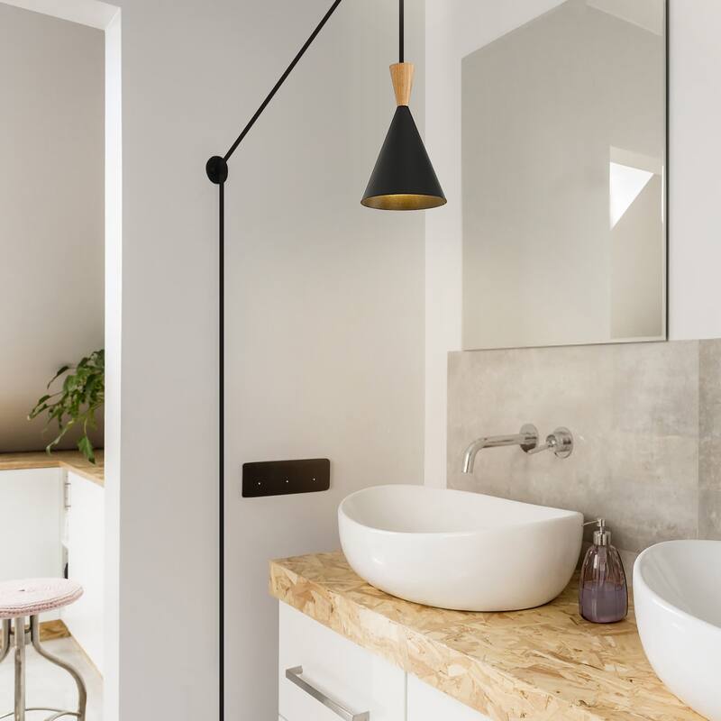 Modern Black/White Pendant Light Fixture with Plug in Cord Wood Metal, Adjustable Chandelier Hanging Lamps for Bedroom