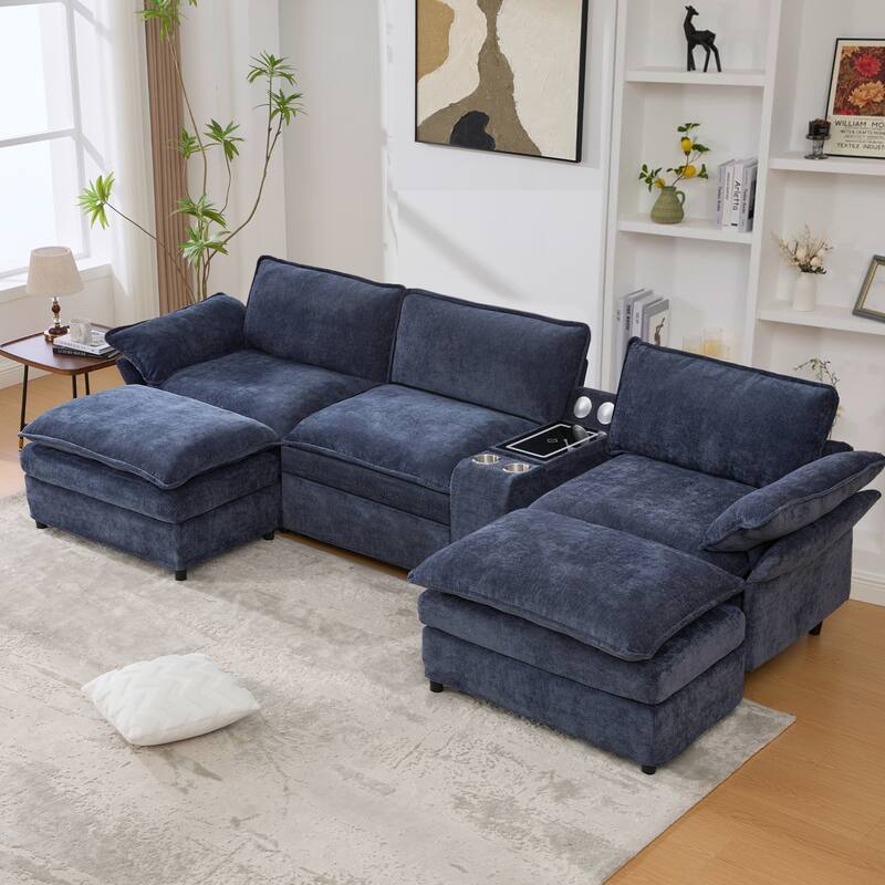U Shaped Modular Sectional Sofa, Lounge Sofa with Storage Console & Wireless Charging, Sleeper Sofa with Movable Seat