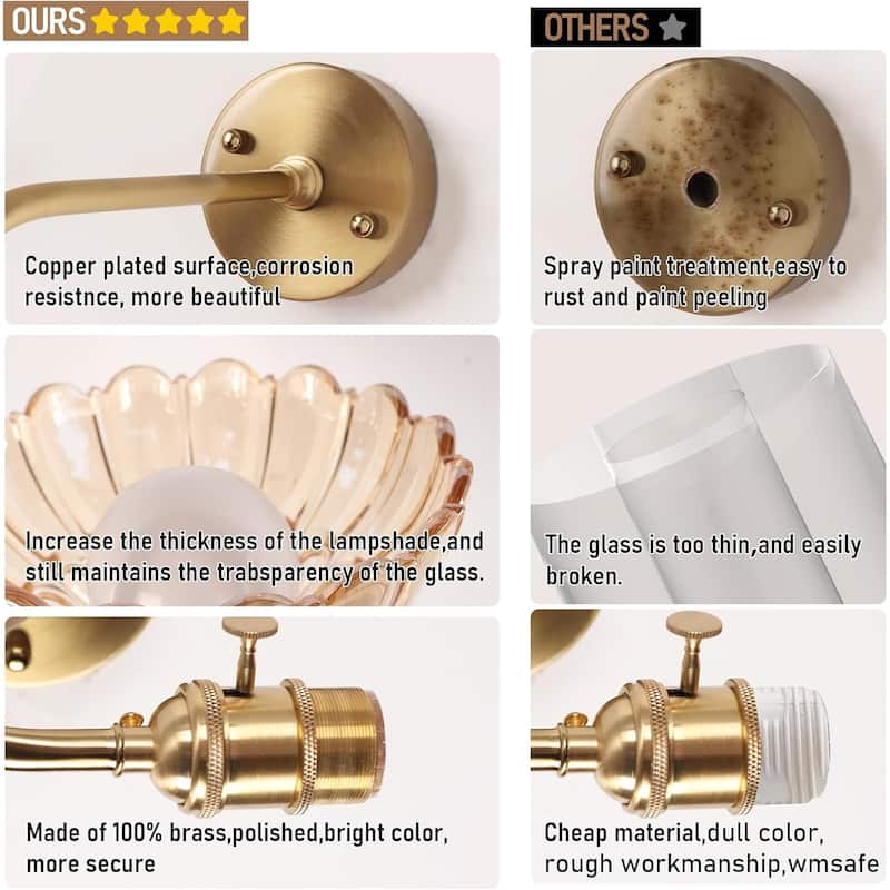 Set of two fixtures light gold bedroom light glass, metal wall light