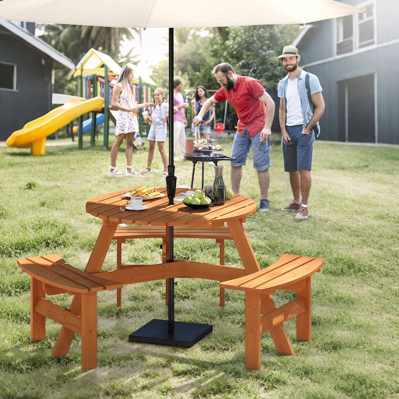 Costway 6-Person Round Picnic Table Set with 3 Built-in Benches 2" - See Details