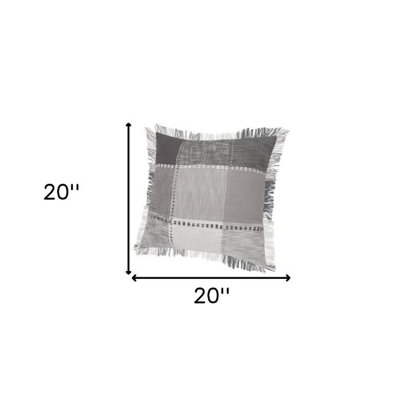 Set of Two 20" Gray And Off White Plaid Cotton Blend Throw Pillows with Fringe