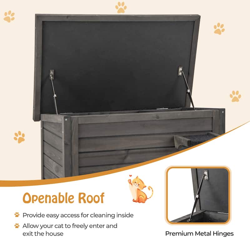Gray Fir Wood Outdoor Cat House with Insulation, Asphalt Roof and Divider - 34.5" L x 22" W x 27" H