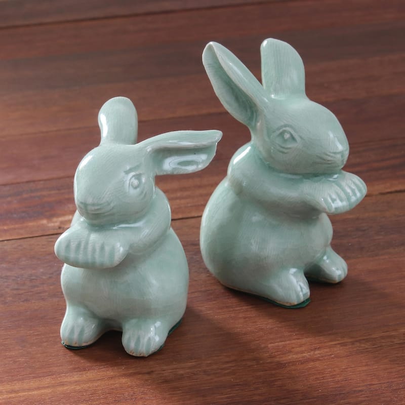 Novica Handmade Green Rabbits Celadon Ceramic Figurines (Pair)