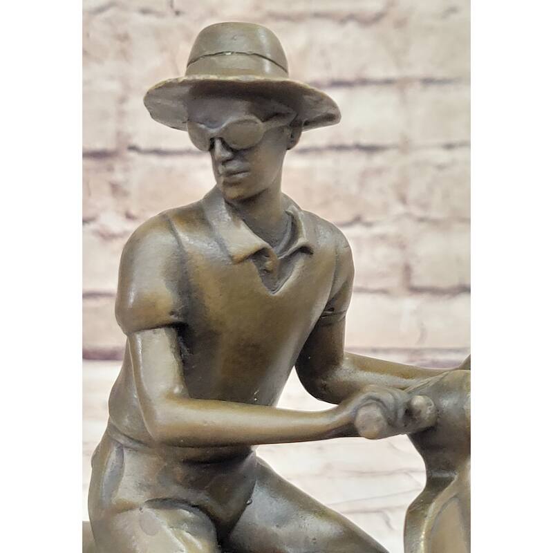 Man Riding Moped Bike Solid Bronze Sculpture Memorabilia Collectible Artwork