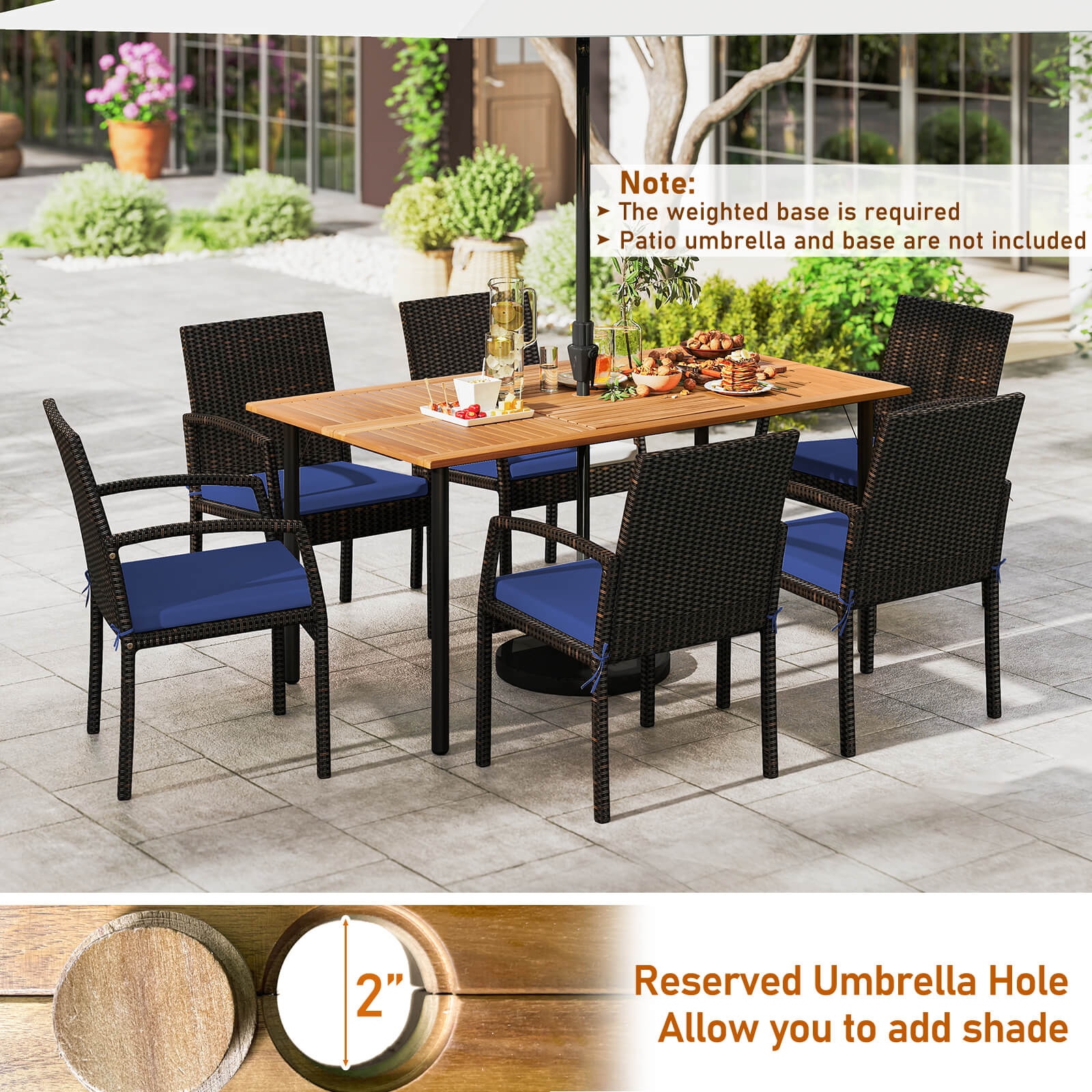 Costway 7PCS Patio Rattan Dining Set with Cushion Umbrella Hole - See details
