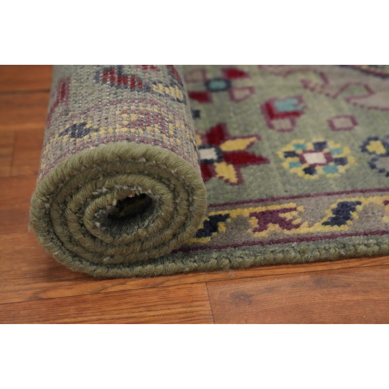 Hand-knotted Traditional Wool Green Geometric Area Rug Oriental Carpet - 8' 0'' X 2' 7''