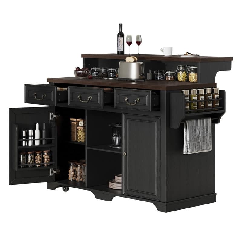 Farmhouse 53.2" Kitchen Island with Power Outlet, Rolling Island Table, Bar Cabinet with Storage 4 Door Shelves and 3 Drawers