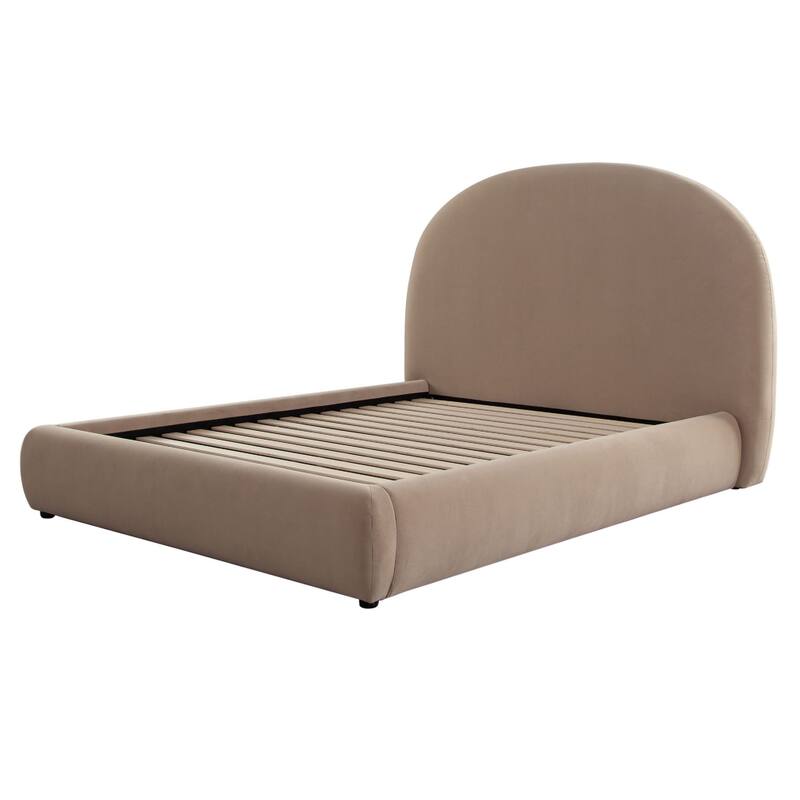 Feny King Size Bed w Arch Headboard, Camel Brown Velvet Upholstery