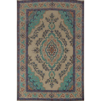 Traditional Tabriz Persian Vintage Rug Handmade Beige Wool Carpet - 6'7" x 9'3"