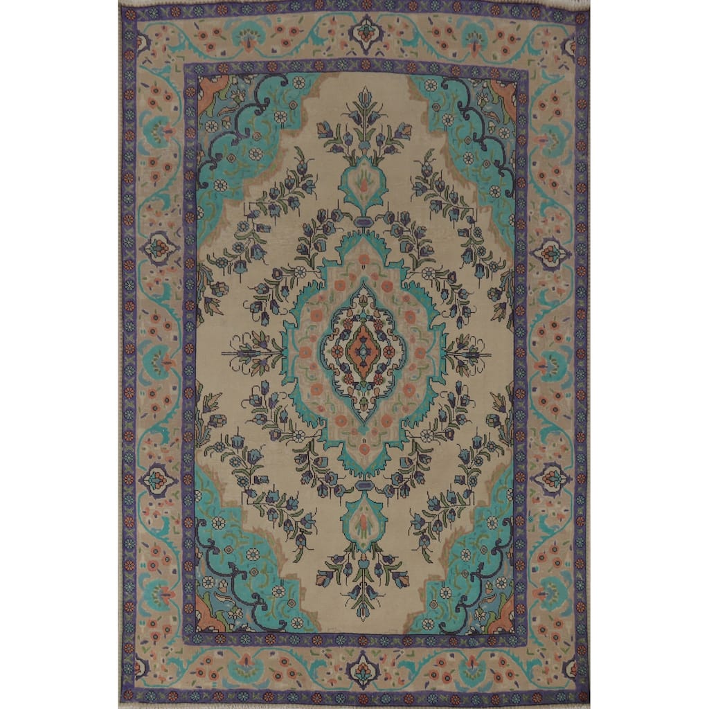 Traditional Tabriz Persian Vintage Rug Handmade Beige Wool Carpet - 6'7" x 9'3"