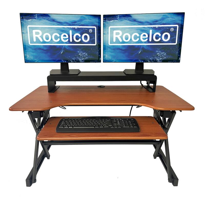 Rocelco 40 in. W Beige Height Adjustable Standing Desk Converter with Dual Monitor Stand and Deep Keyboard Tray