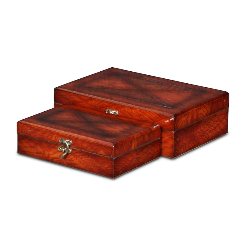 Brown Wooden Burlwood Veneer X Design Storage Boxes (Set of 2)