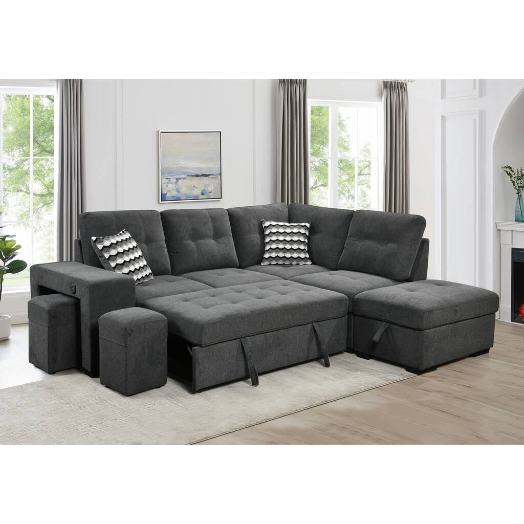Sectional Pull Out Sofa Bed 101" Reversible L-Shaped Corner Sleeper Upholstered Couch with Storage Ottoman.
