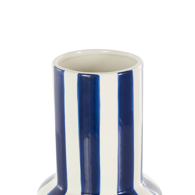 White Ceramic Round Decorative Vase with Blue or Black Vertical Stripes